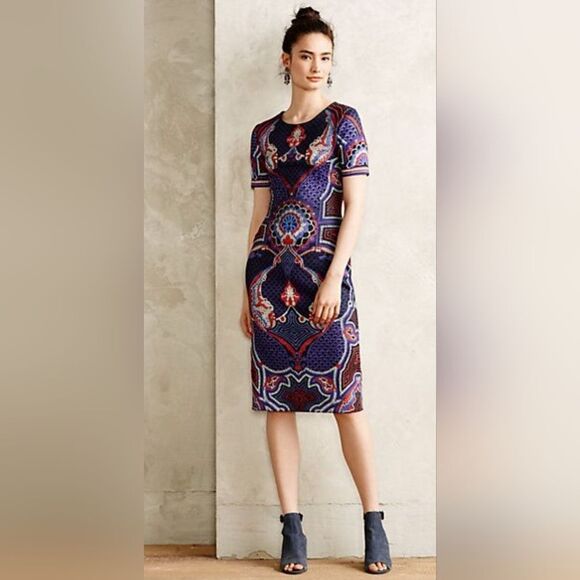 Pankaj & Nidhi Fitted Short Sleeve Scuba Dress, Mosaic Print, Size 2 - Picture 5 of 12